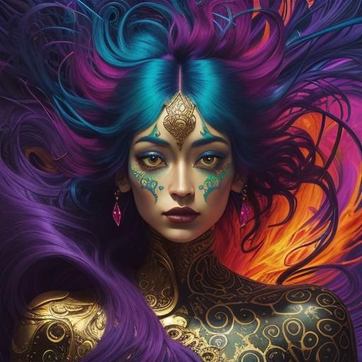 Peacock Feather Haired Woman in Abstract Expressionist Portr...