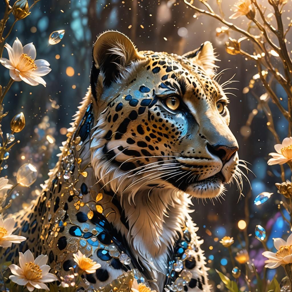 Glass Leopard Sculpture with Glowing Crystals, Fantasy Art