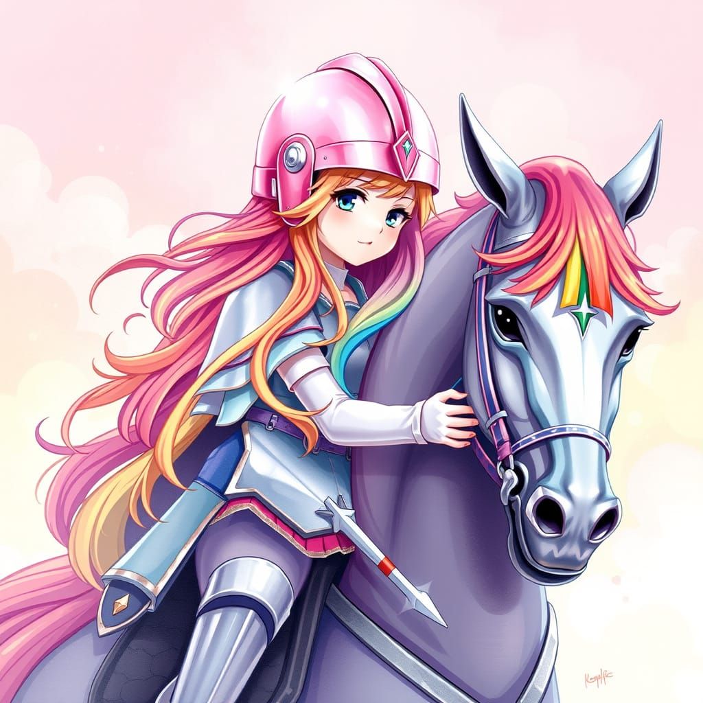 Whimsical Anime Knight Rides into Soft Pastel Dreamscape