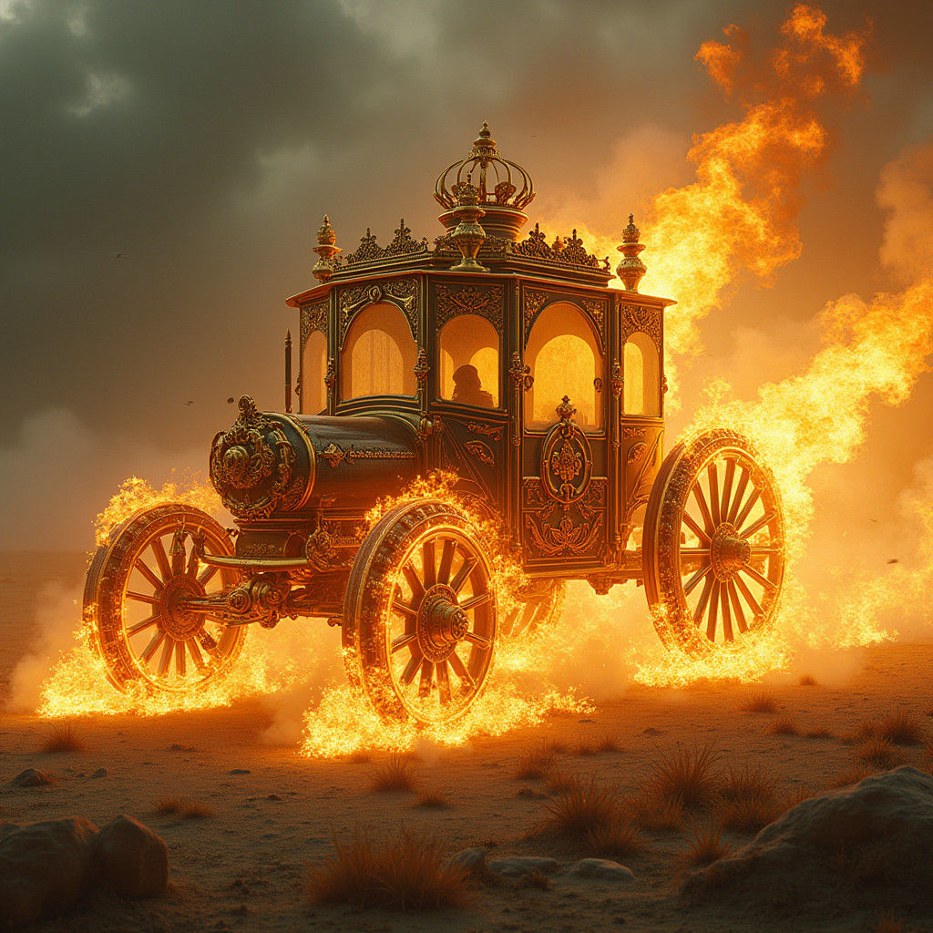 Fiery Golden Carriage with Surrealist Elements