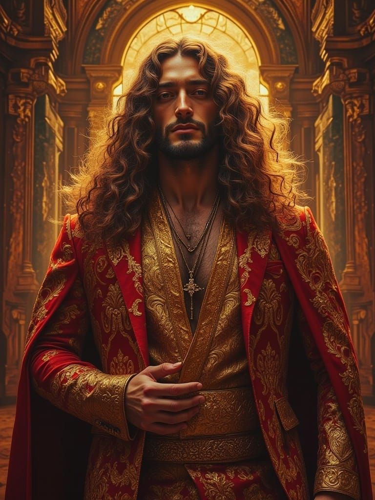 Regal Alexandrian Man with Flowing Hair in Comic Book Art