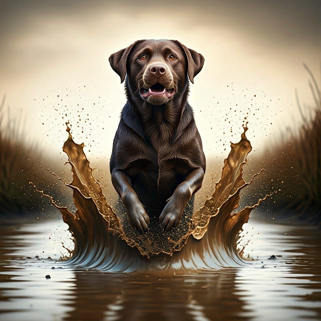 Labrador Jumps in Muddy Puddle, Photorealistic Digital Art