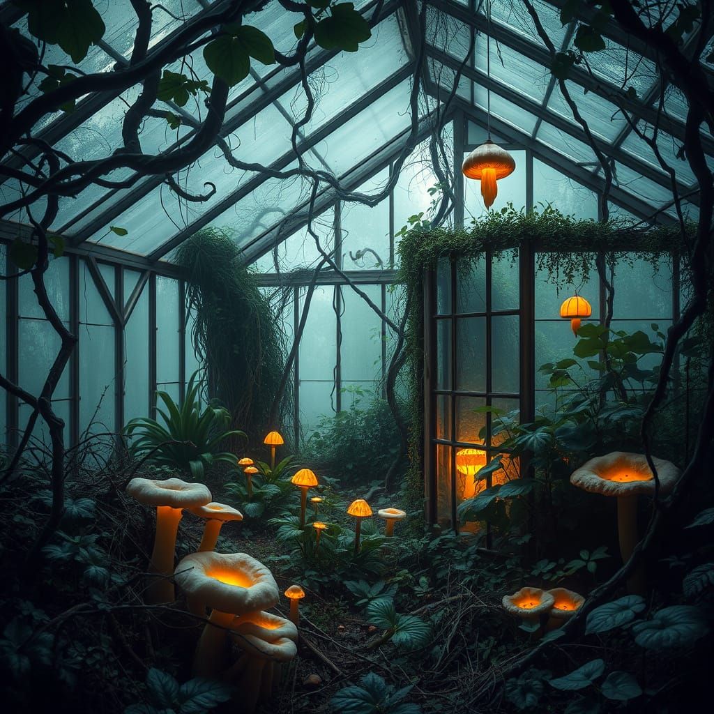 Overgrown Greenhouse with Glowing Fungi
