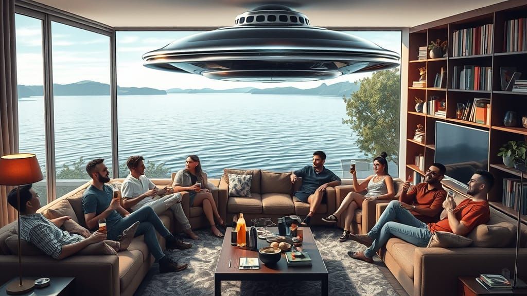 Surreal Gathering of Friends with Metallic Flying Saucer in ...