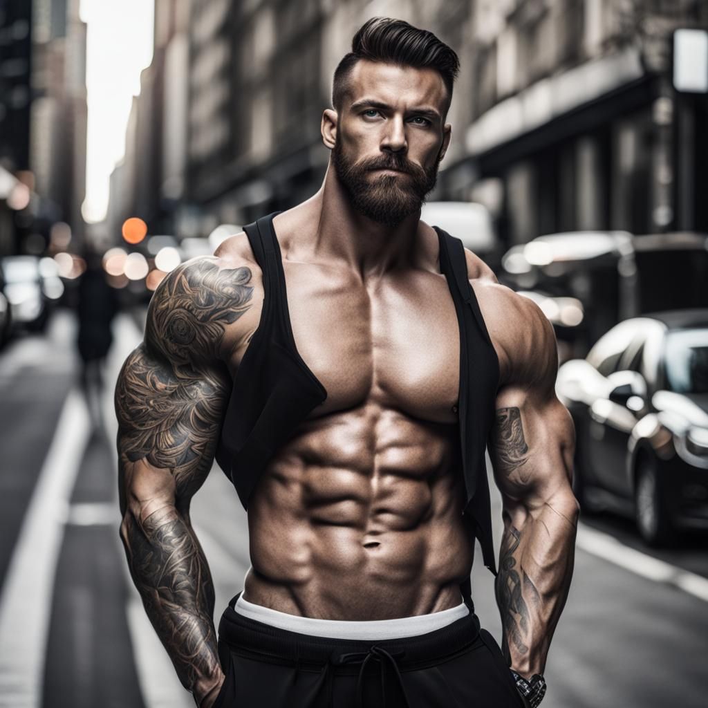 homme musclé tatoué dans la rue