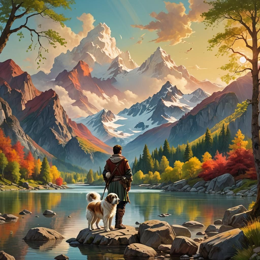 Shepherd and Saint Bernard in Fantasy Landscape