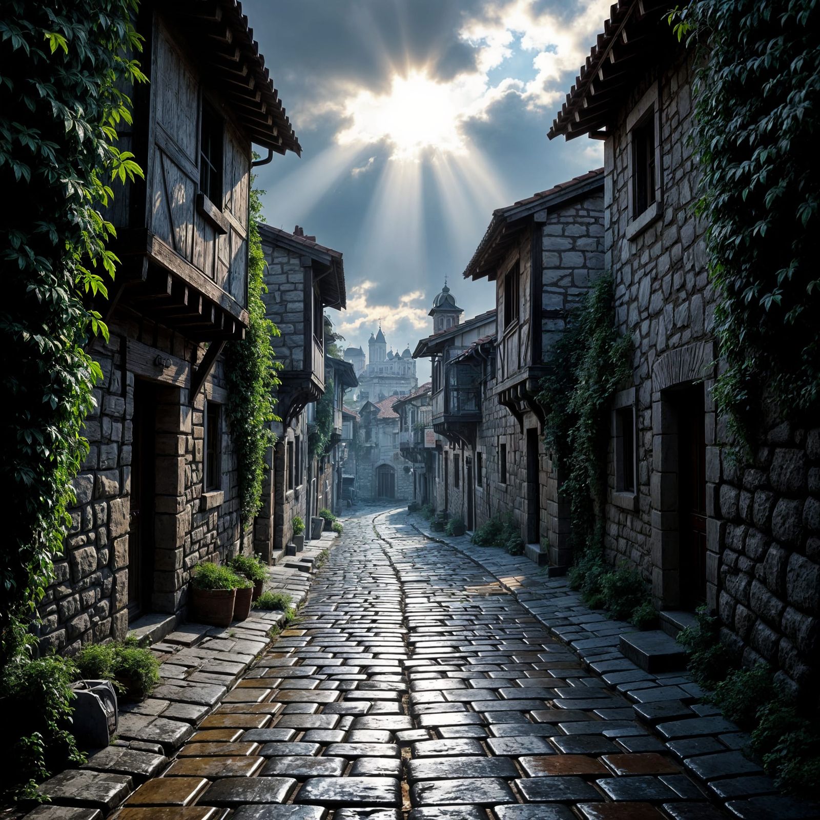 Ancient City Street Illuminated by Single Sunbeam