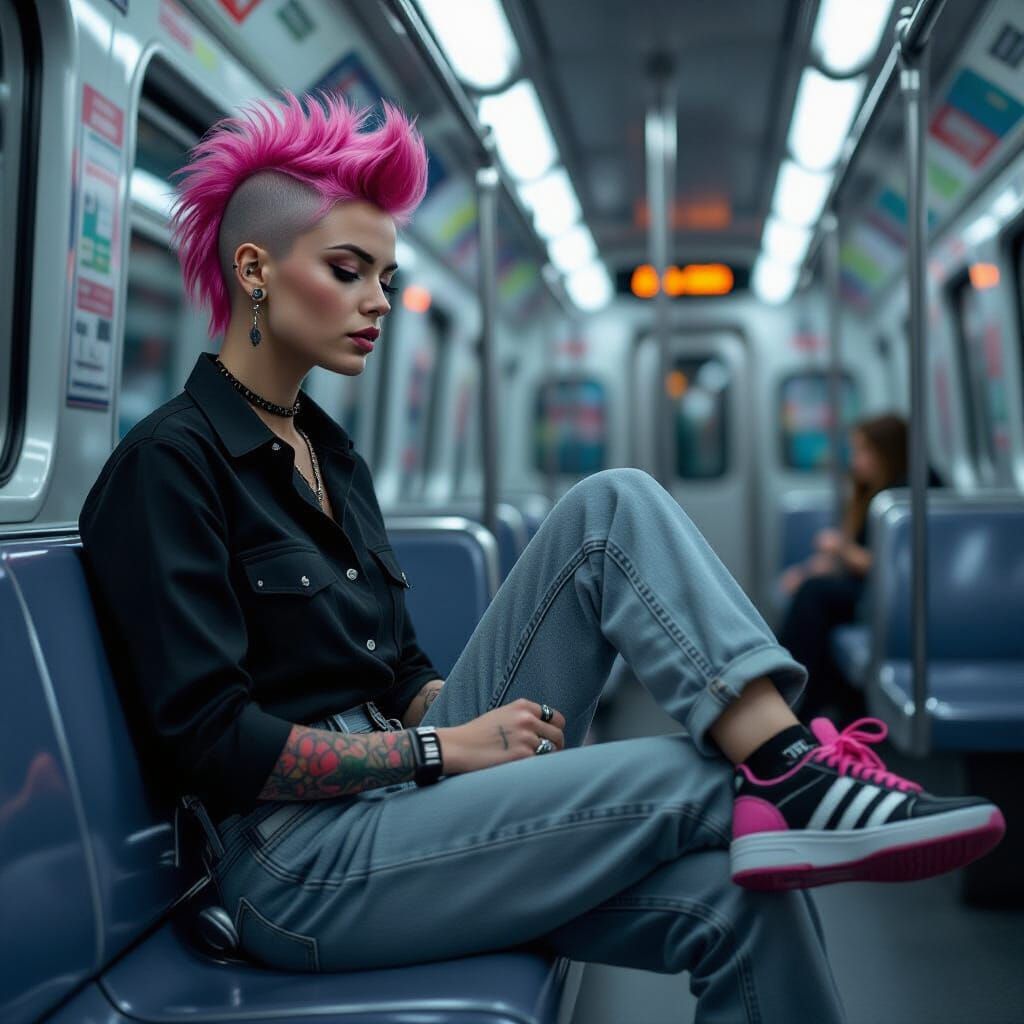 Punk Woman Rides Train in Cinematic Digital Painting