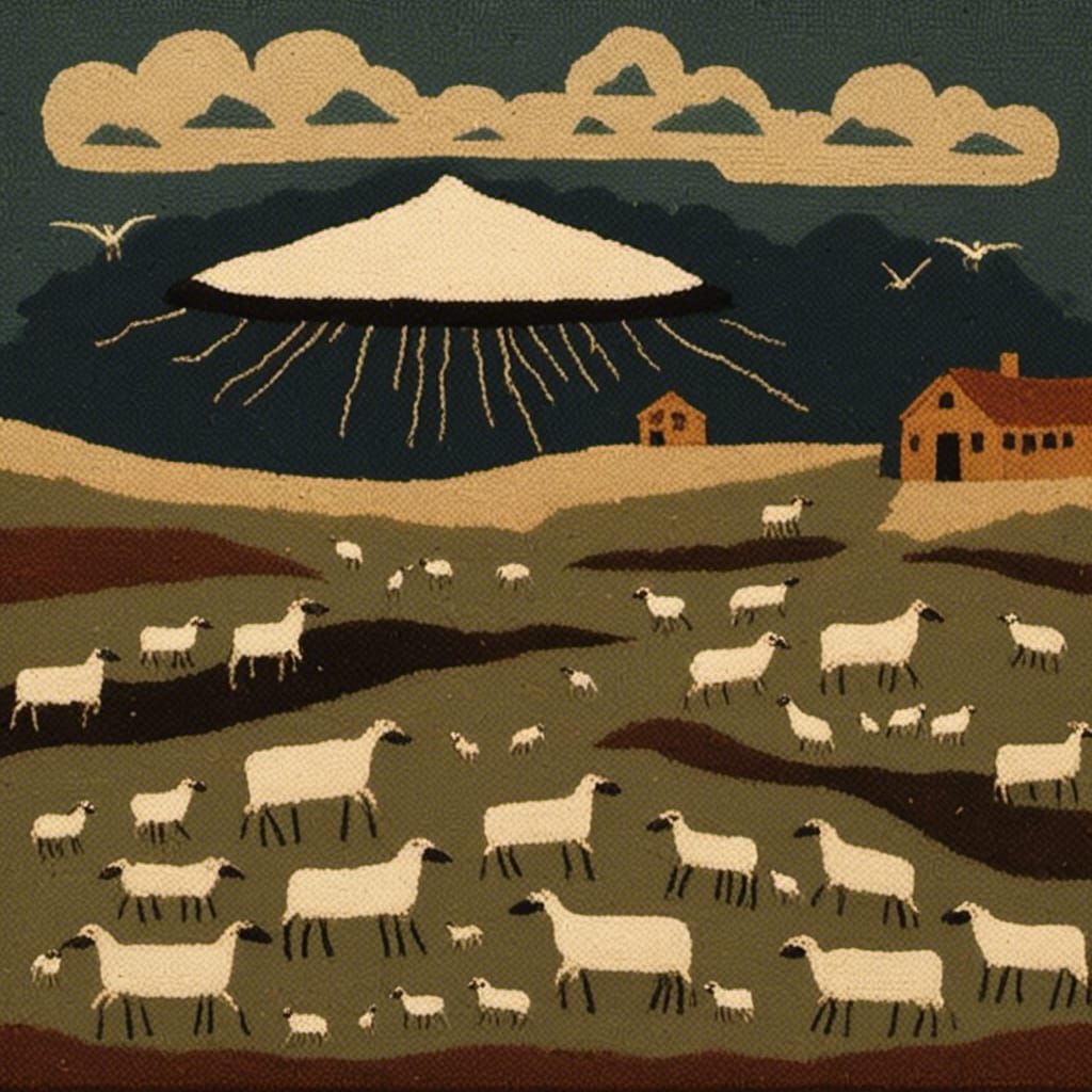 UFO over Sheep Farm in Stone Age Silhouette