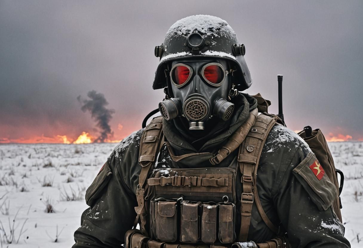 Soldier in Gas Mask in Snowy Siberian Steppe