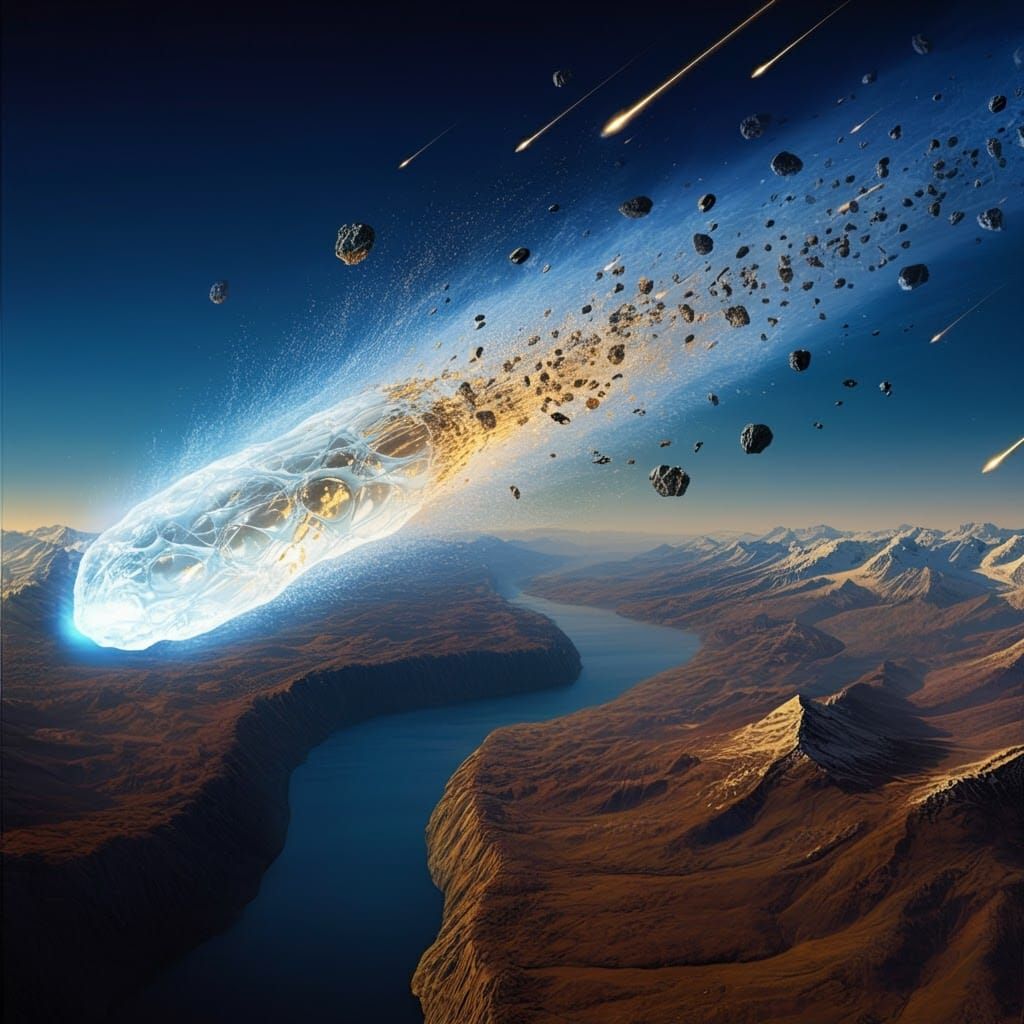 Ethereal Water Comet Carving Earth in Sci-Fi Visualization