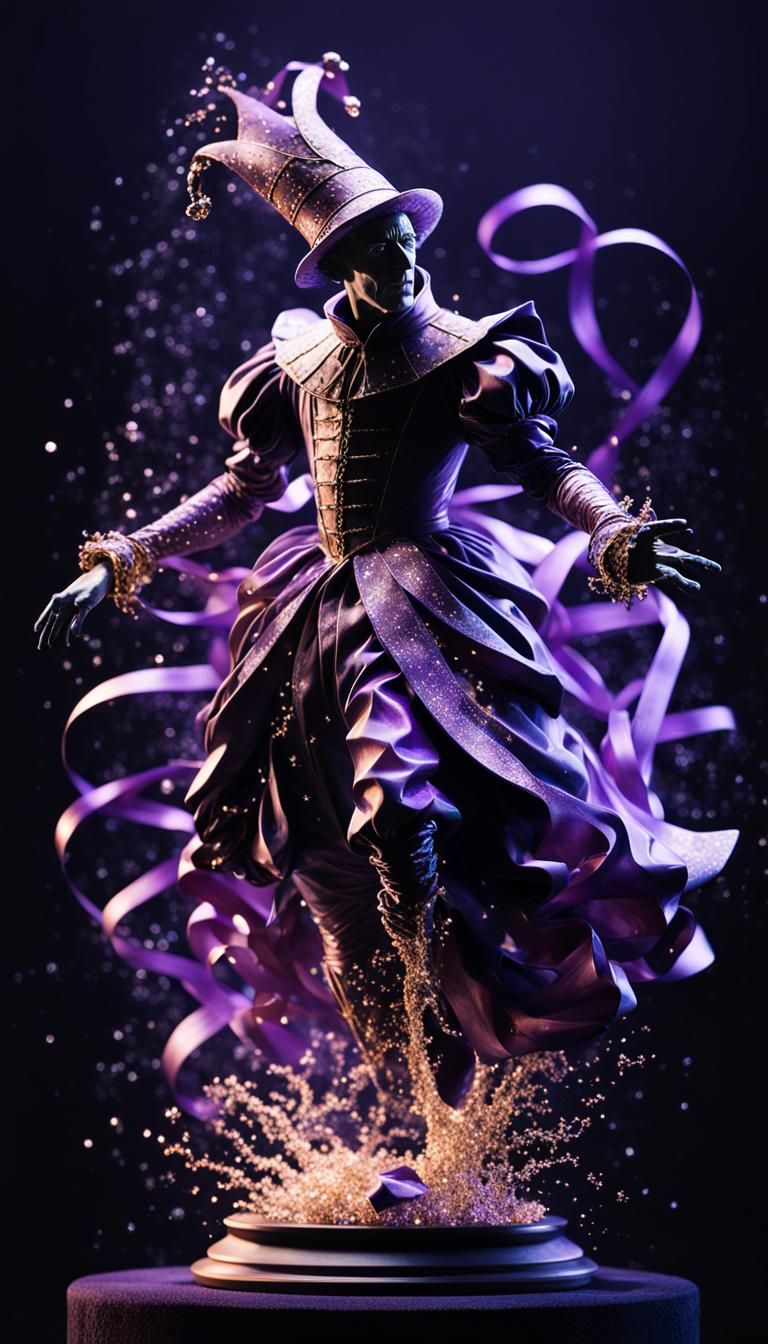 Sculpture of  a Renaissance court jester, fluid dynamic body disintegrating into purple ribbons and shimmering grandeur ...