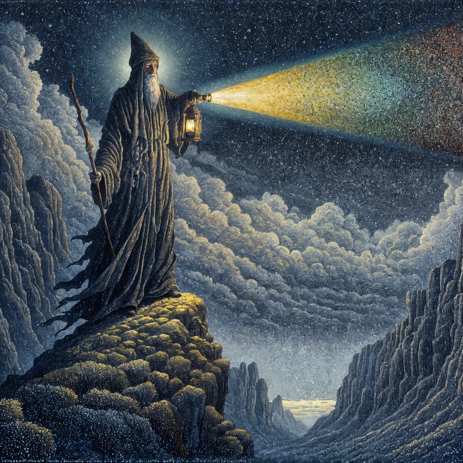 Wizard with Lantern Overlooking Bleak Landscape in Pointilli...