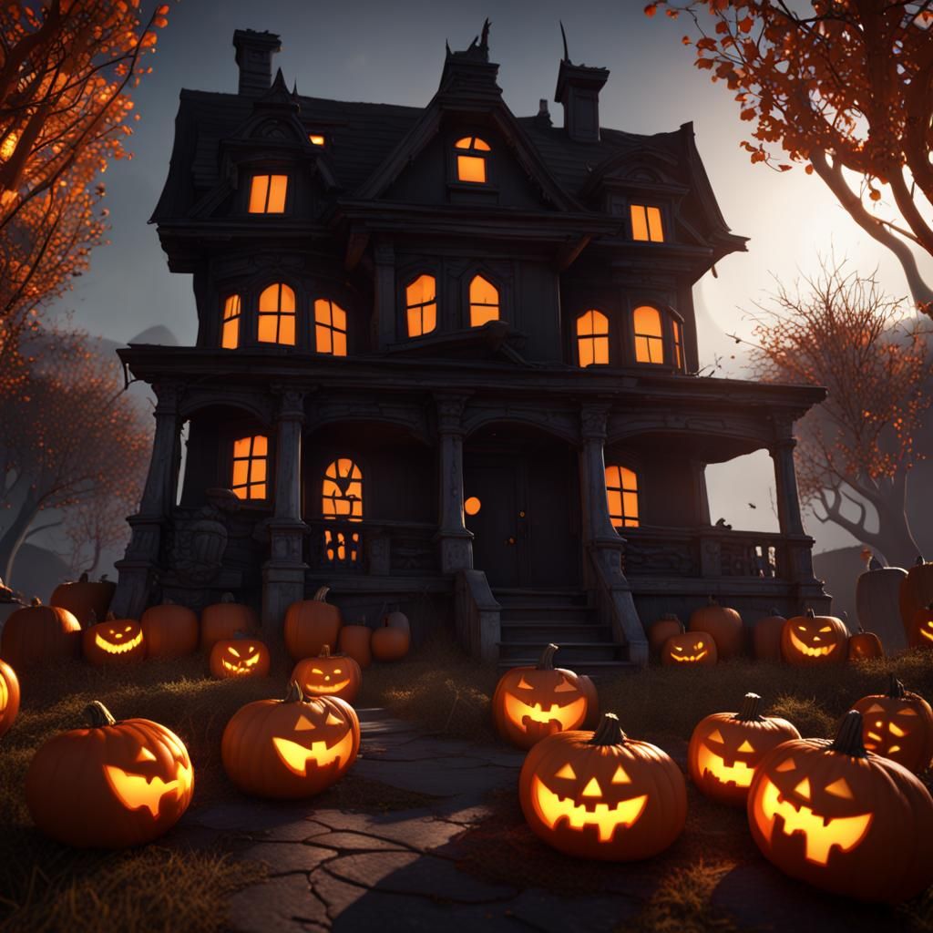 Halloween House with Jack-o-Lanterns in 3D Render