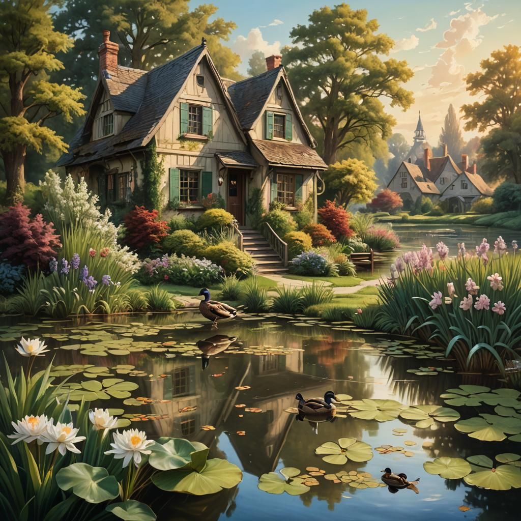 Serene Pond Scene with Ducks and Frogs