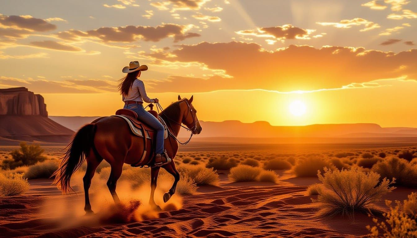 Bold Cowgirl Rides Wild Horse in Desert Canyon