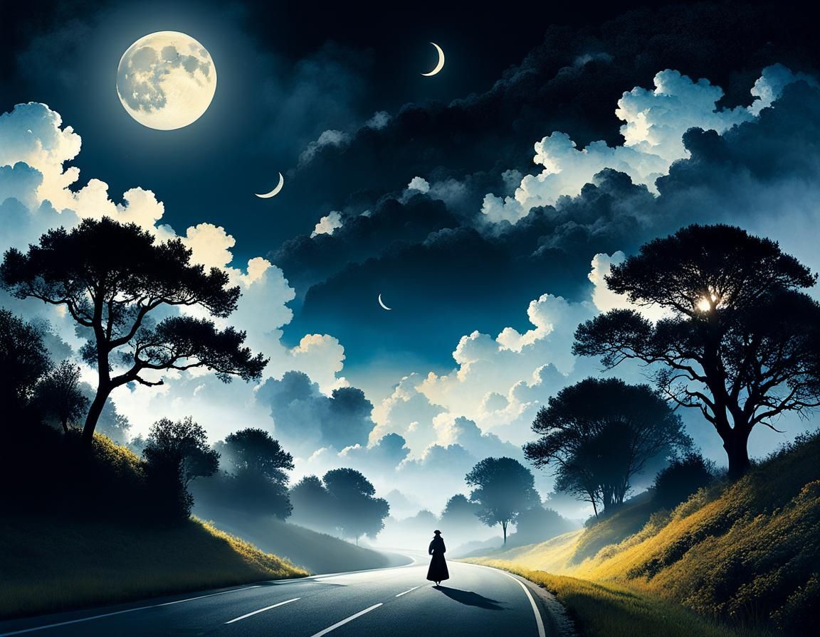 Dreamy Landscape with Ornamental Clouds, Watercolor Style