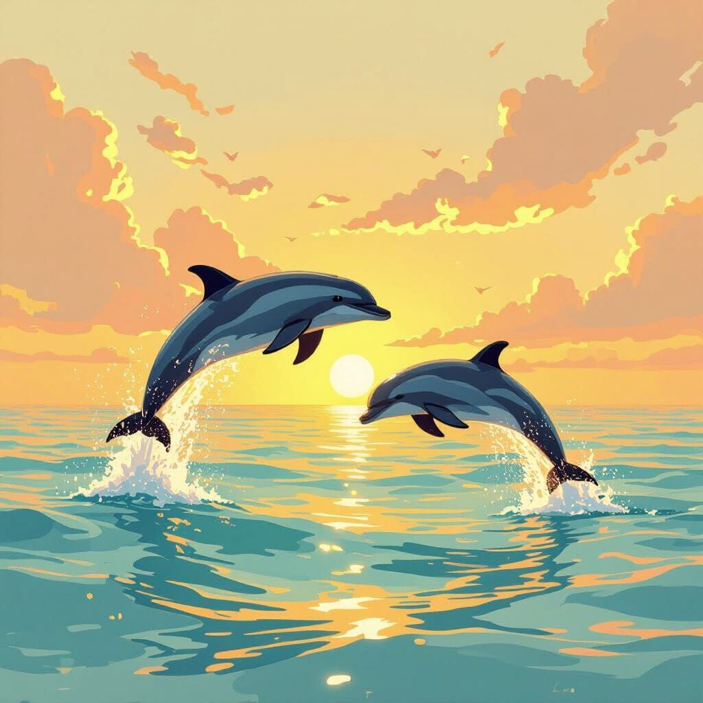 Dolphins Leaping at Sunrise in Dreamy Style