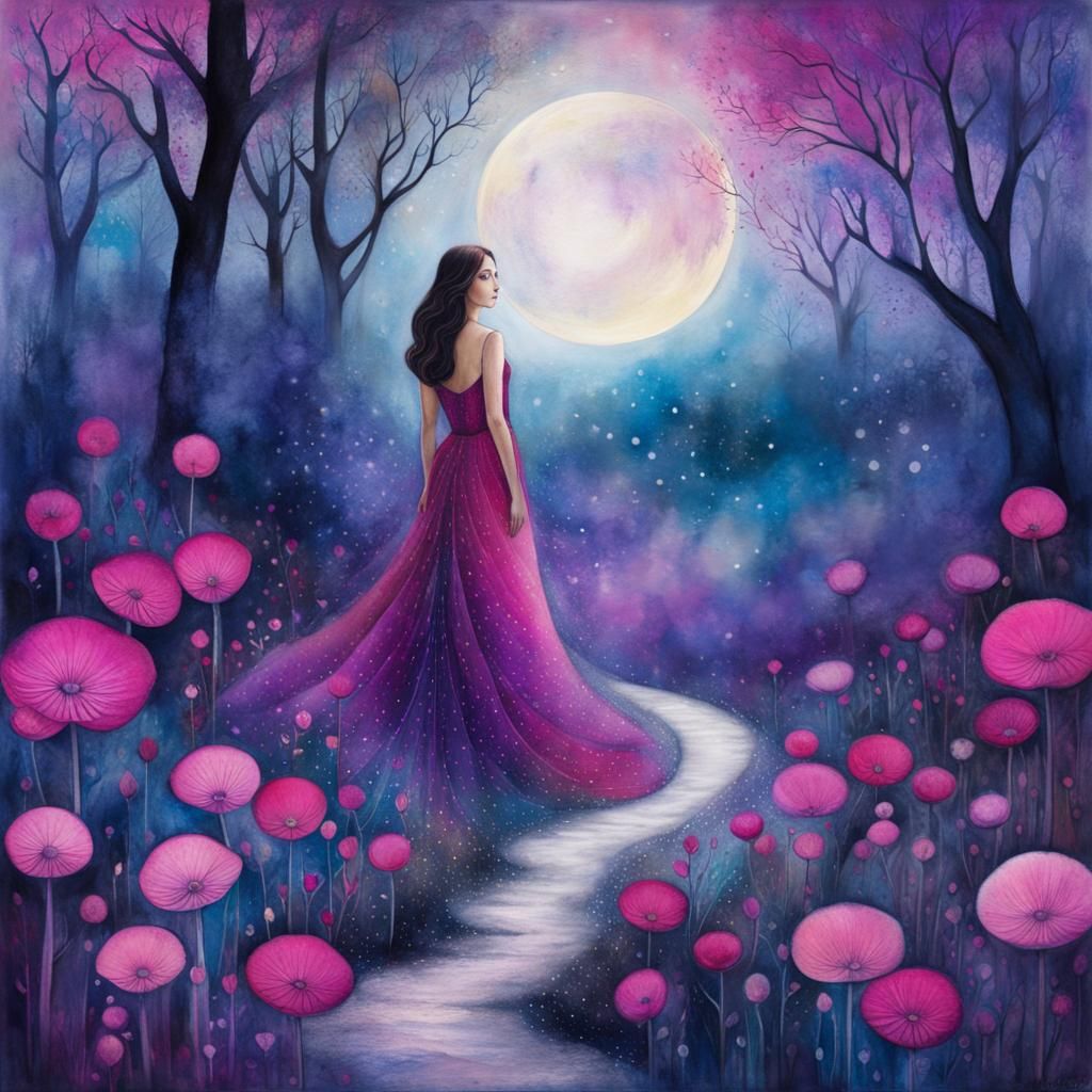 Woman and Blue Flower Double Exposure Watercolor Art