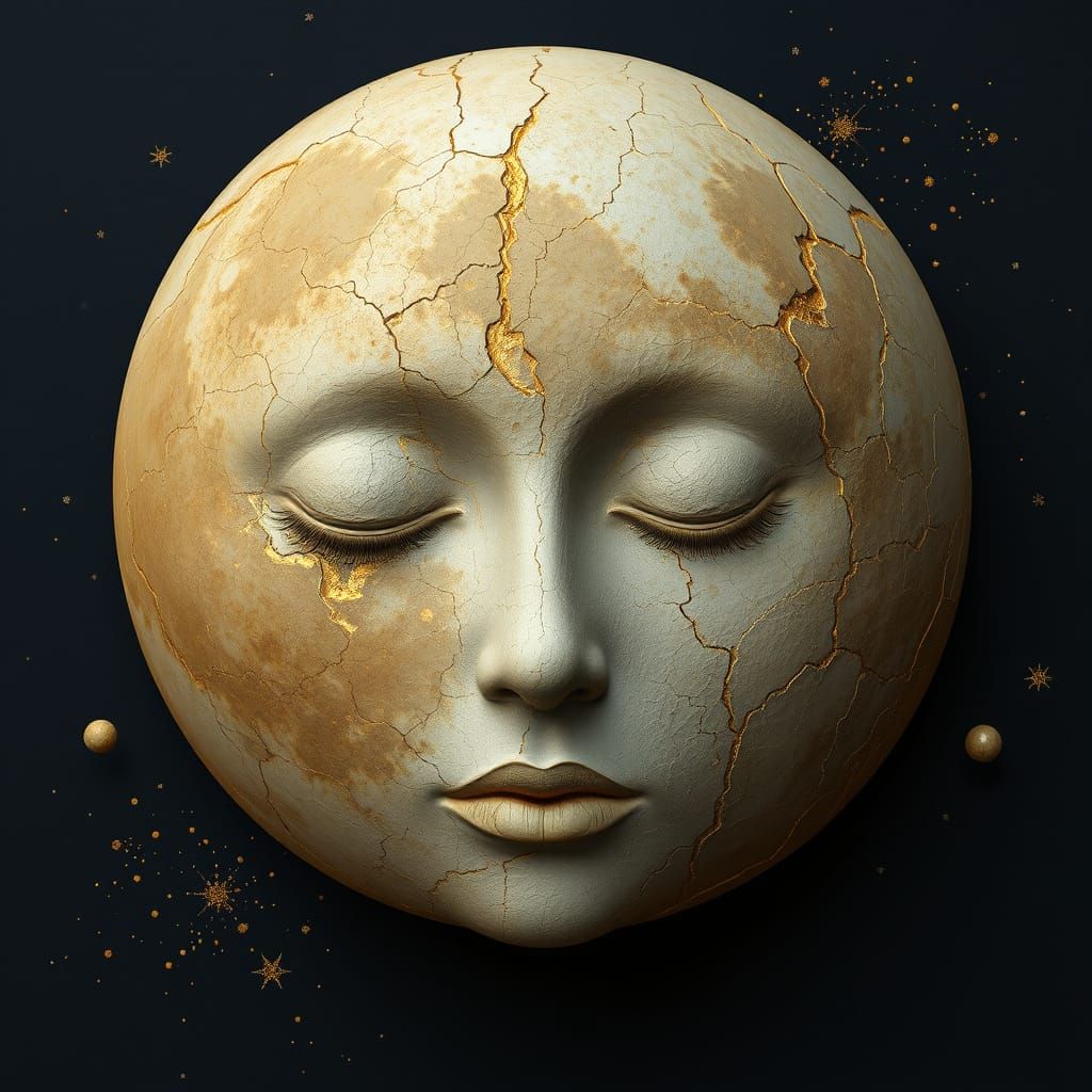 Surreal Lunar Portrait in Impasto Style with Liquid Gold Acc...