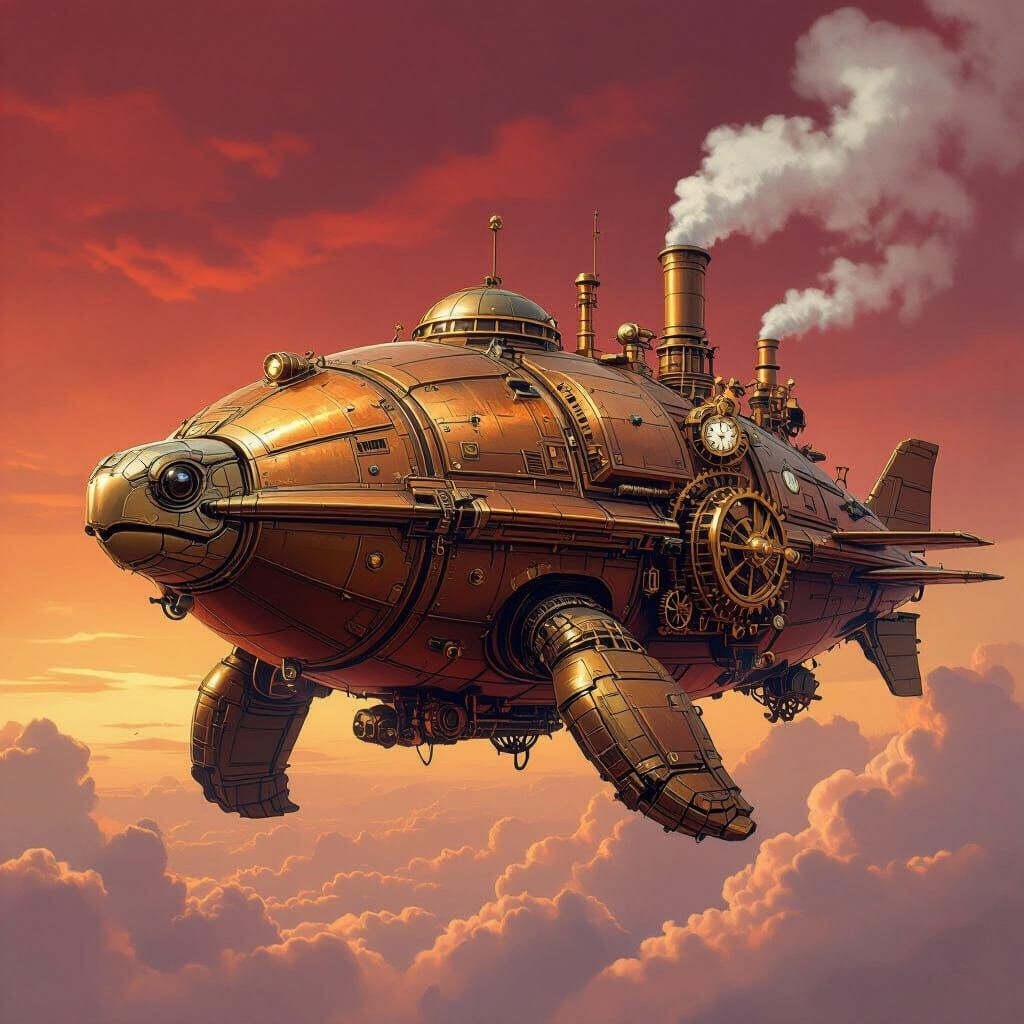 Steampunk Turtle Airship Soaring Through Crimson Sky