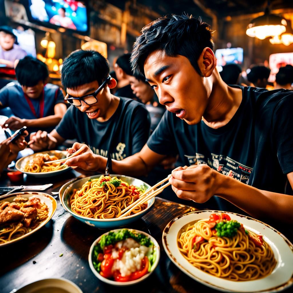 Indonesian Gamers Enjoying Mobile Legends and MrBeast Noodle...