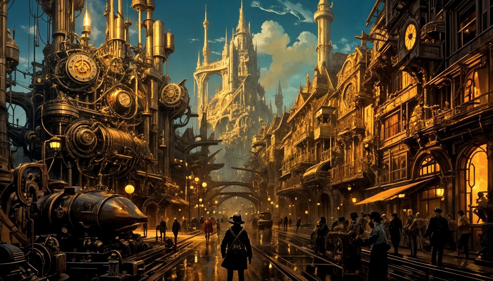 Steampunk Harbor City with Mythical Creatures