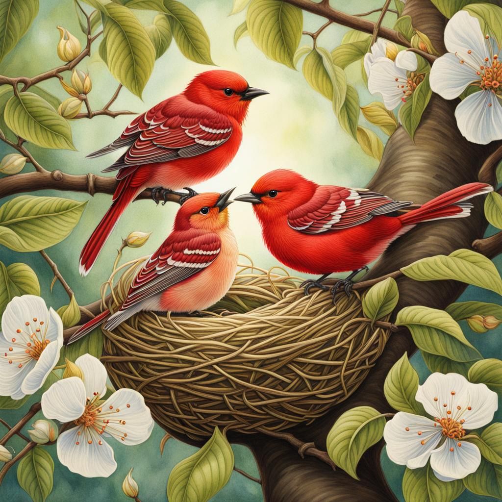 Red Warblers in Cherry Tree, Watercolor Illustration