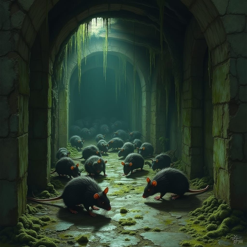 Rats in a Dark, Dank Passage with Fungal Walls and Slime