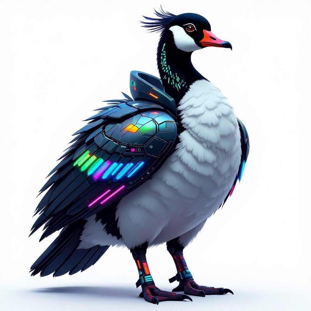 A futuristic Canada Goose with cybernetic enhancements stands proudly against a stark white background. Its metallic fea...