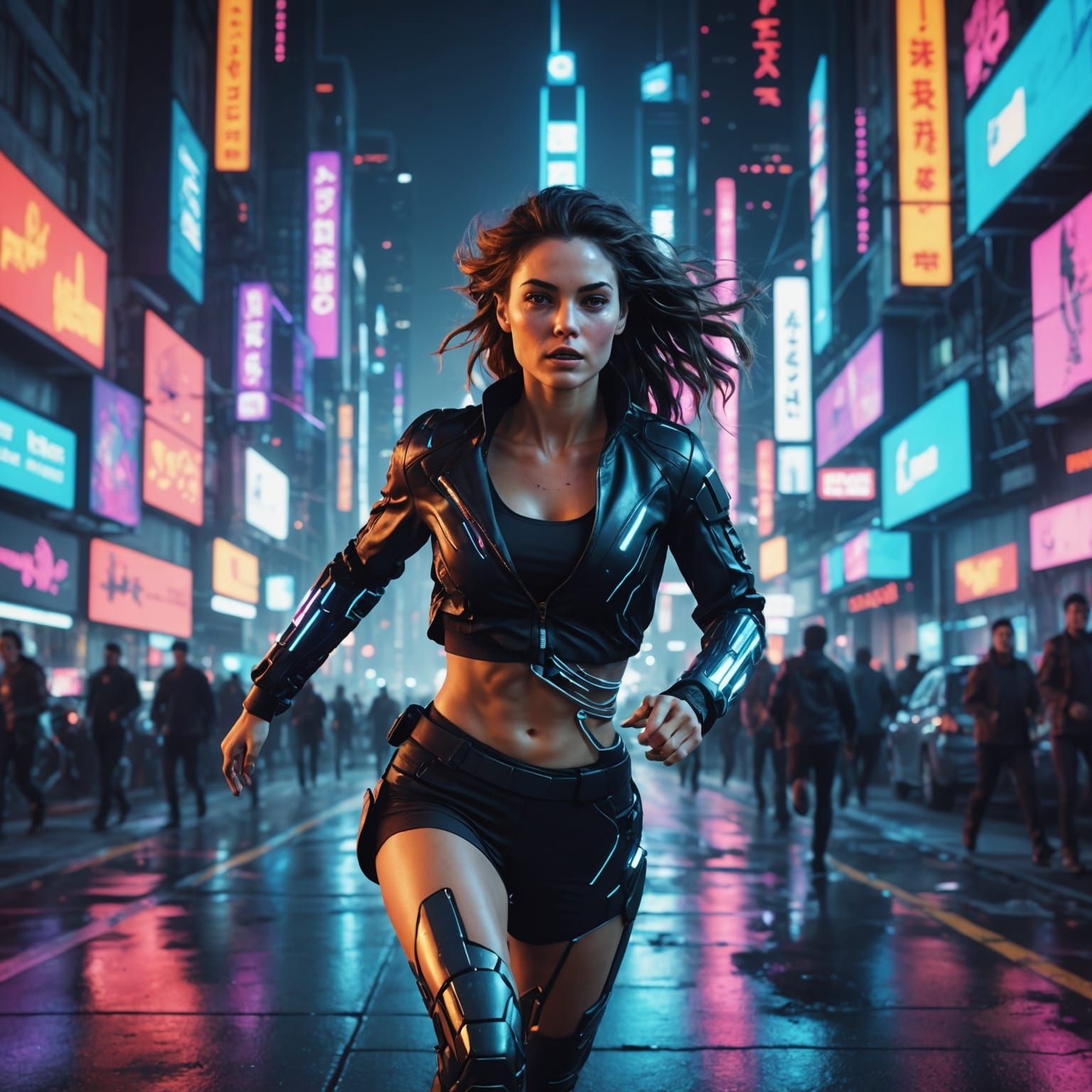 Cyberpunk Woman Running in Glitch Art Style