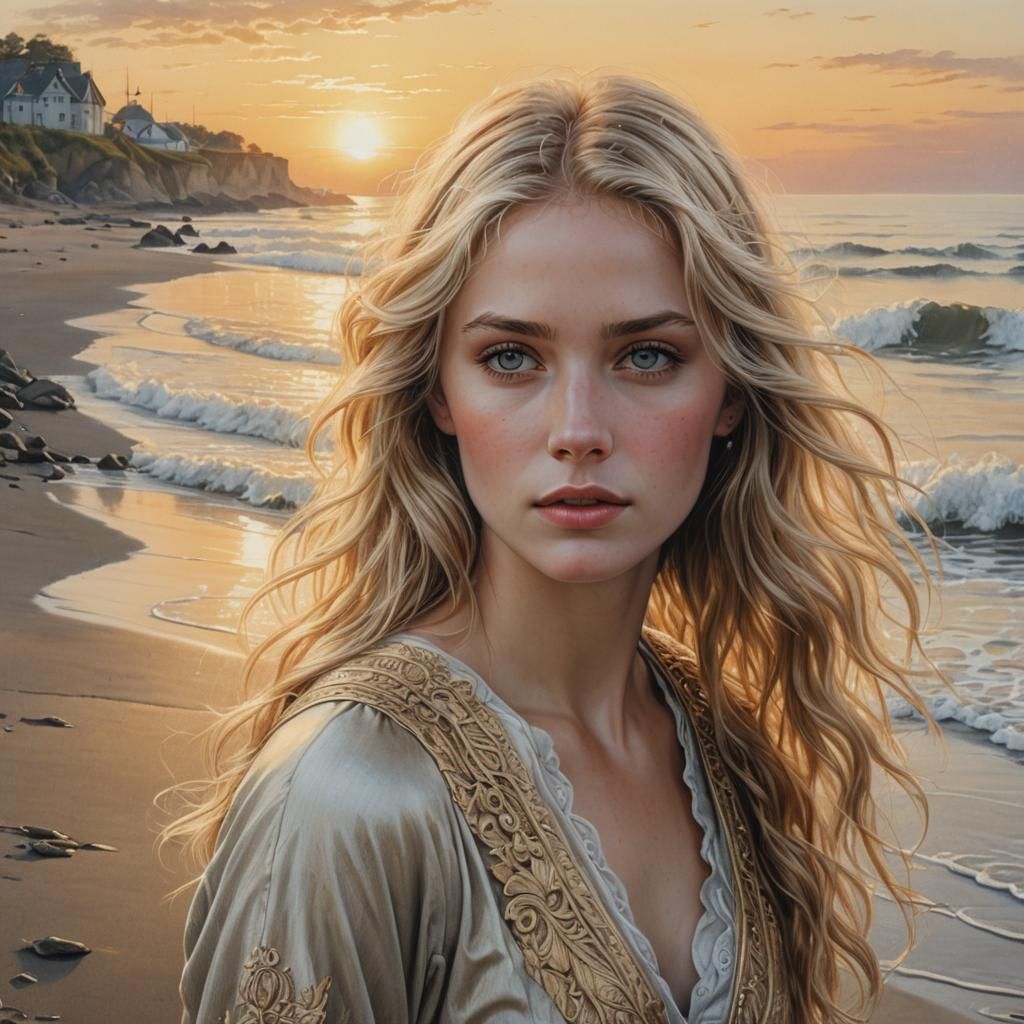 Ethereal Golden Lady on Shore at Dawn: Pencil Art