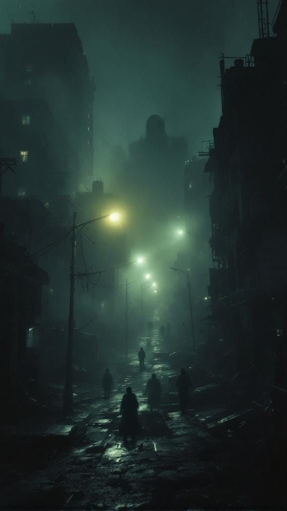 Eerie Cityscape Haunted by Shadowy Figures