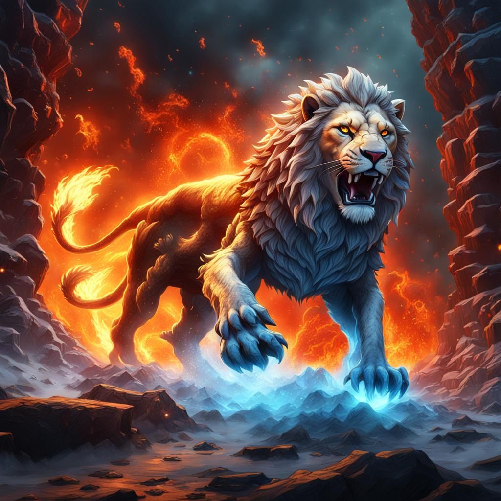 Ice Lion's Fiery Leap: Fantasy Concept Art