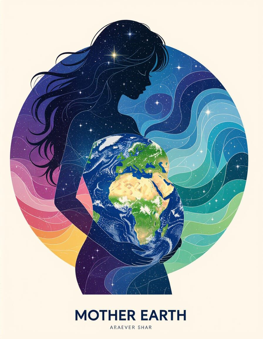 Cosmic Mother Earth Silhouette in Starry Pastel Art