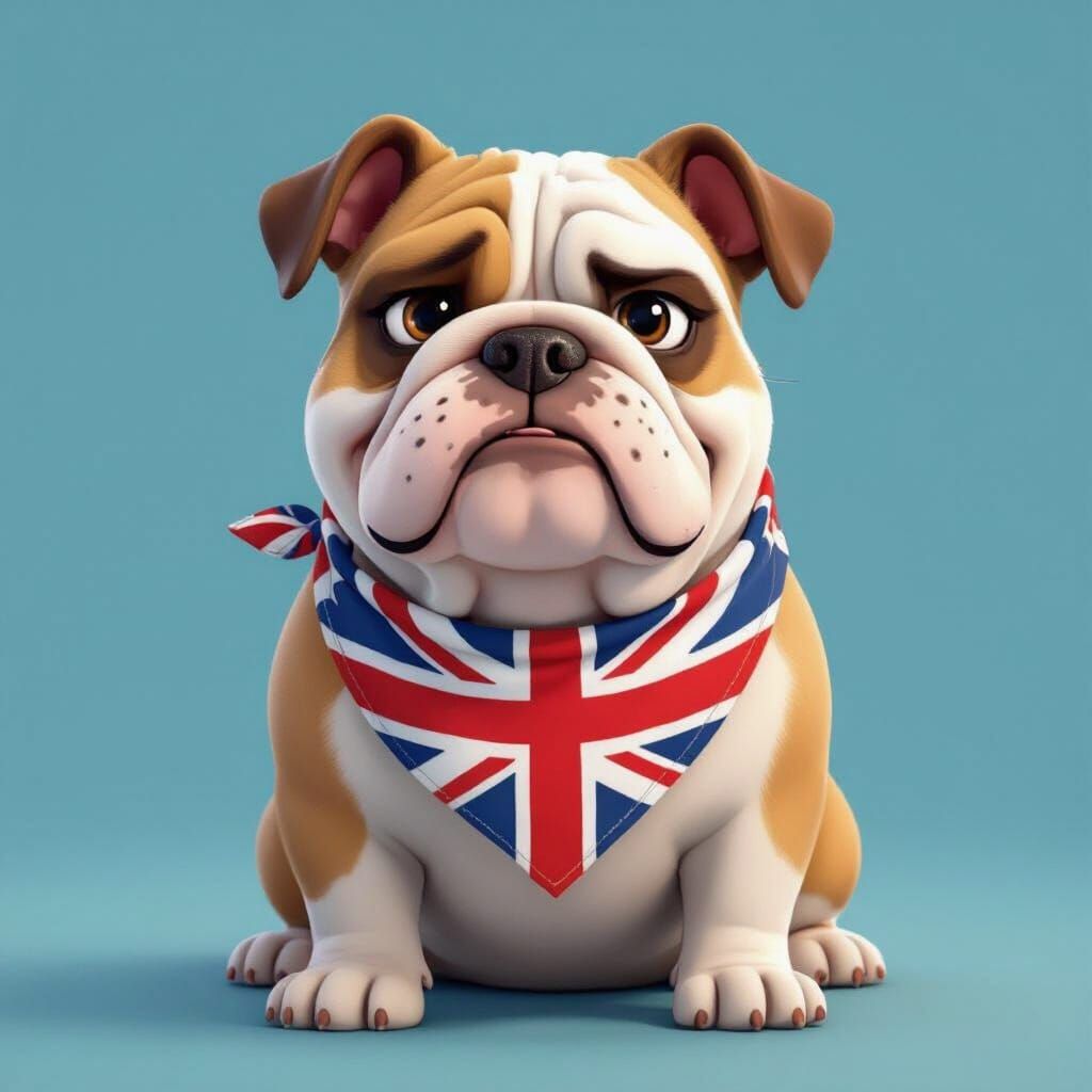 Charming Cartoon Bulldog in British Flag Bandana