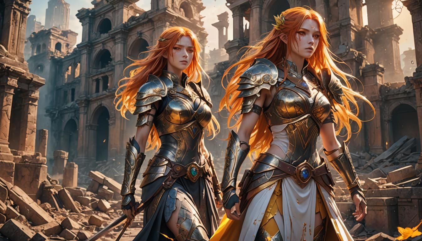 Anime Warrior Princess in Ruined Cityscape