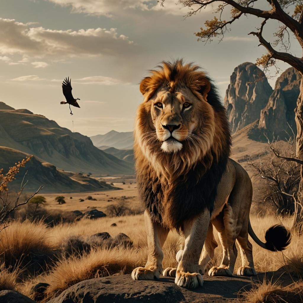 Majestic Lion-Crane-Serpent Stands Proud in Epic Landscape