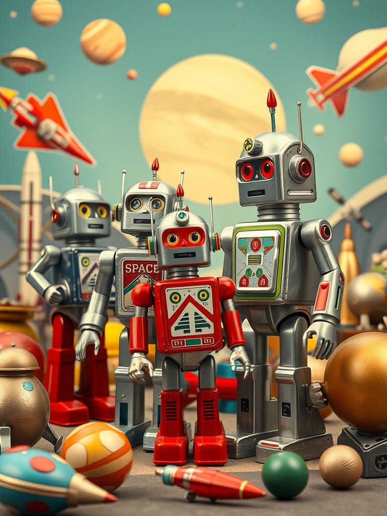 Retro-Futuristic Tin Toy Robots in Vintage Space Diorama