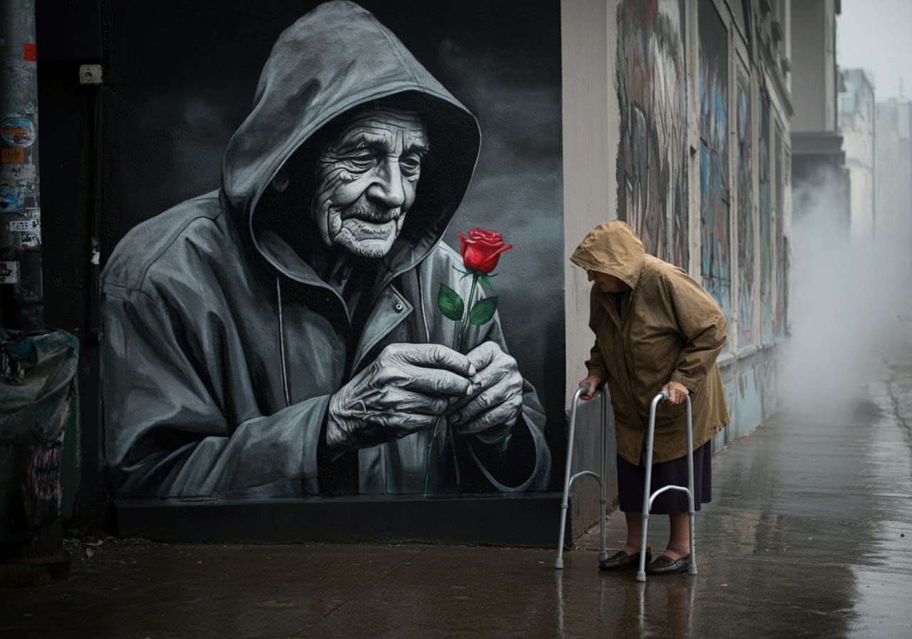 Hyperrealistic Street Art: Elderly Woman Reaches for a Rose