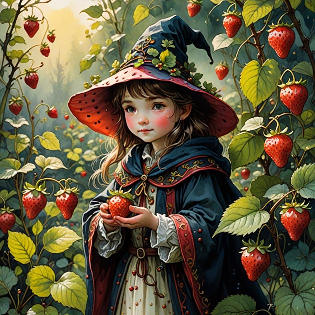 Cute Strawberry Mage Casting Spell in Watercolor Style