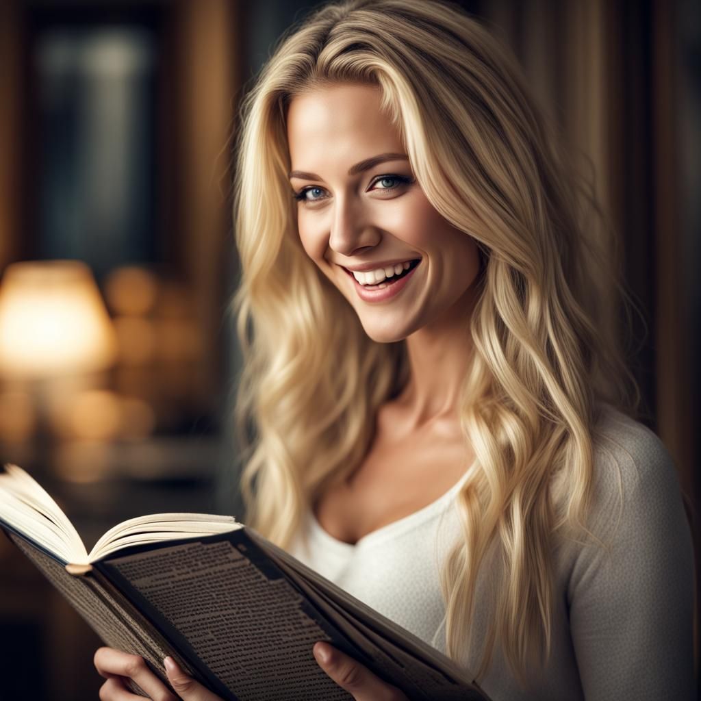 Smiling Blonde Woman Reading, Hyperrealistic 64MP Photo