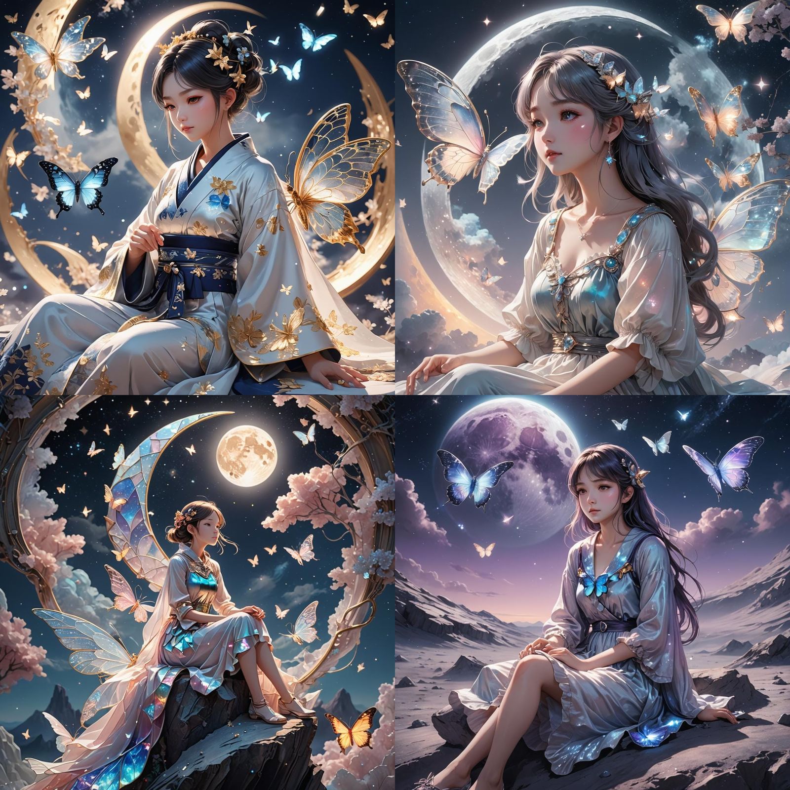 Anime Woman on Moon with Crystalline Butterfly