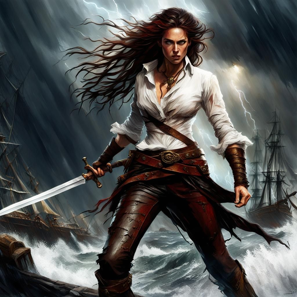 Pirate Woman in Stormy Battle, Detailed Matte Painting