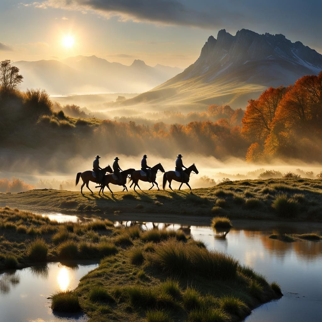 Three Riders Racing Towards a Dream in Fantasy Landscape