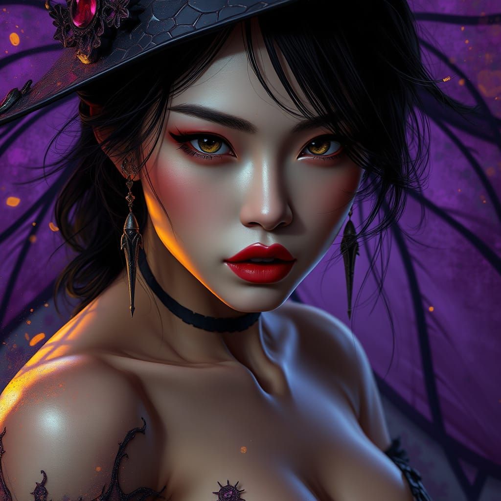 Seductive Asian Witch Portrait in Dark Fantasy Style