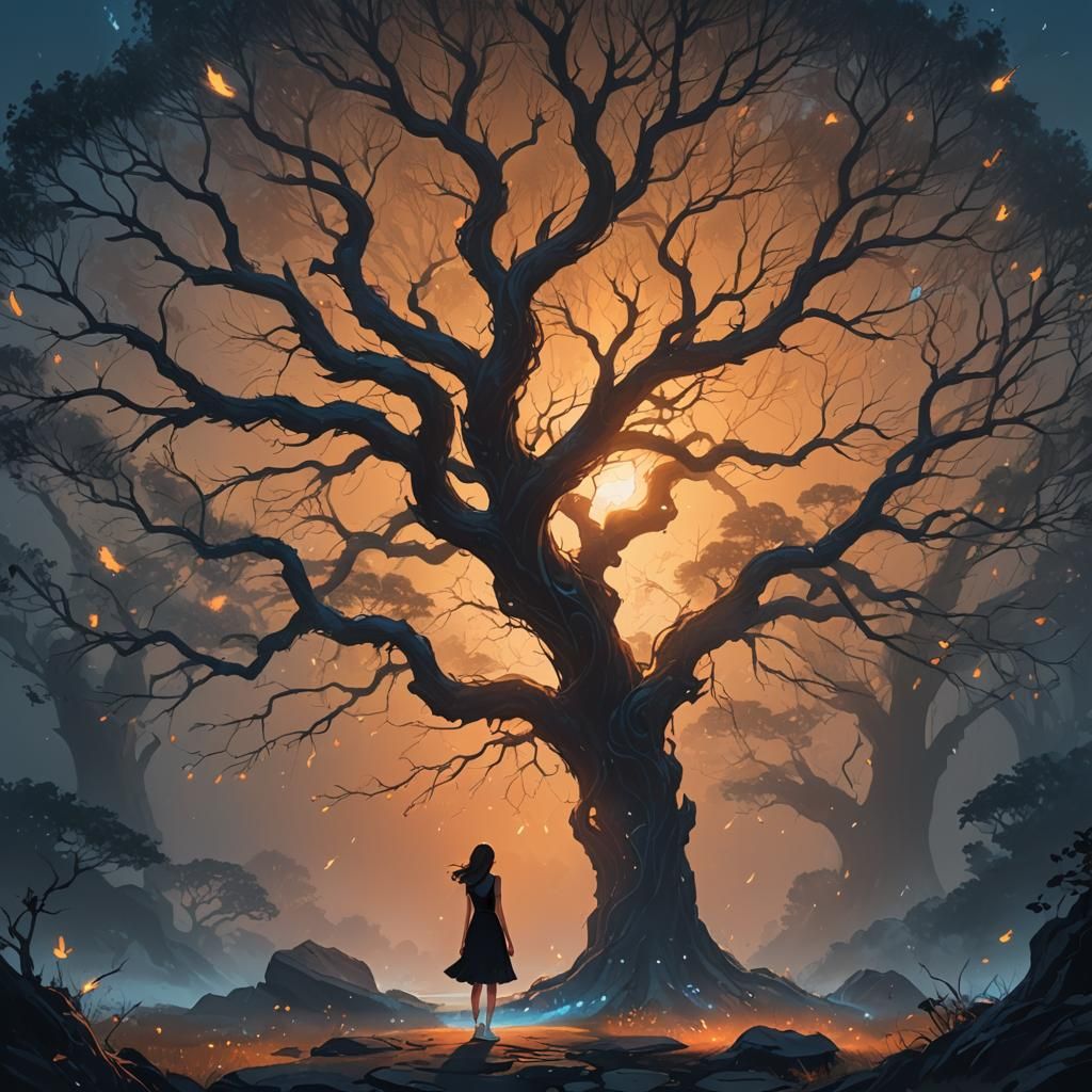 Girl Before Ancient Tree: Fantasy Matte Painting