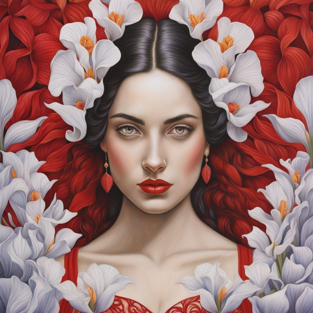 Detailed Colored Pencil Drawing: Woman in Heart Dress