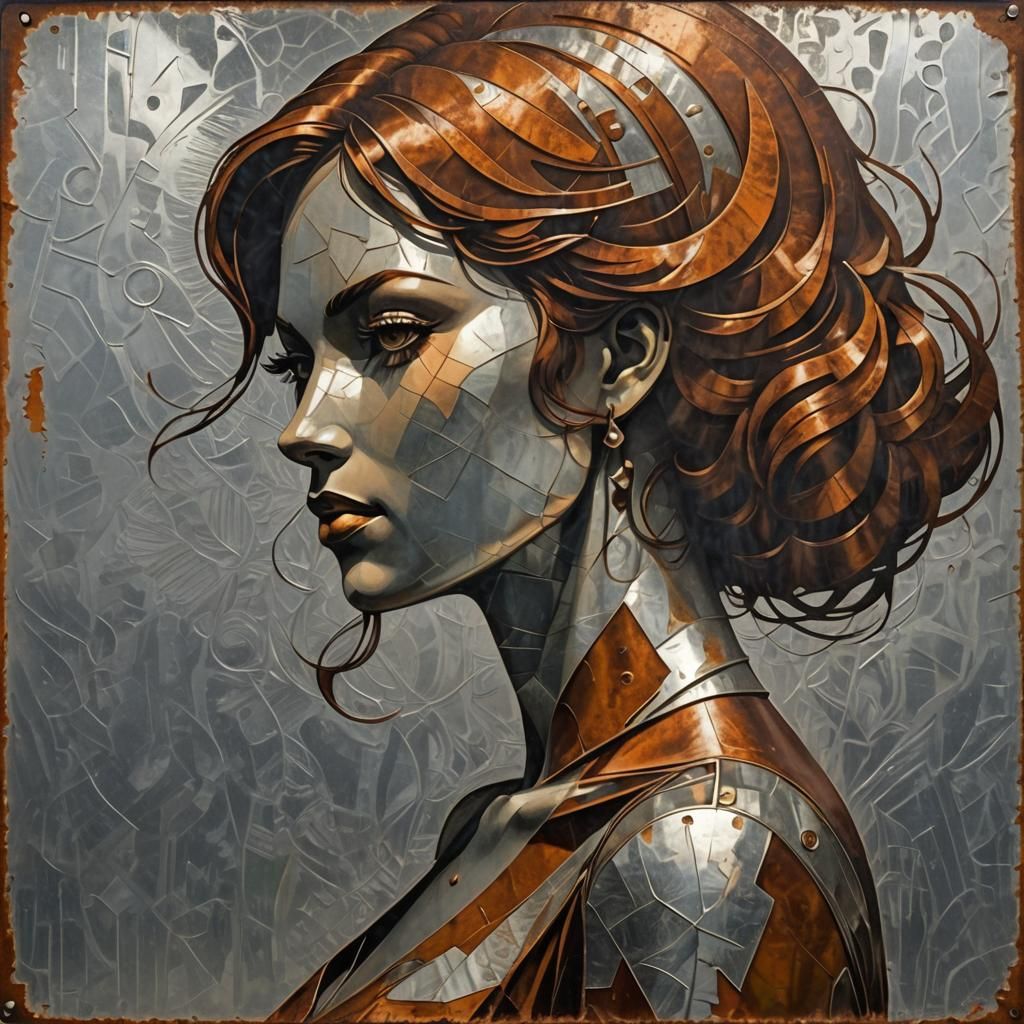 Elegant Cel-Shaded Woman Engraved on Metal