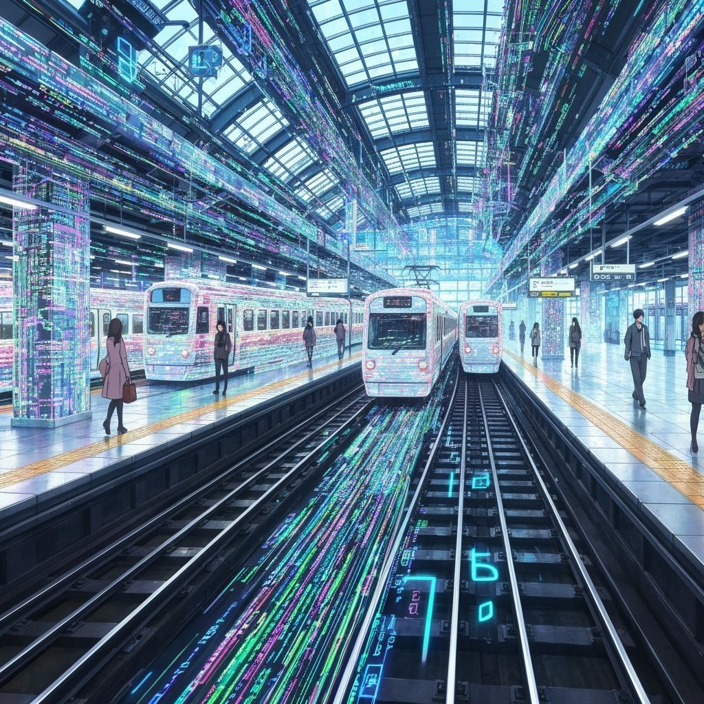 Cyberpunk Train Station of Code and Data Streams